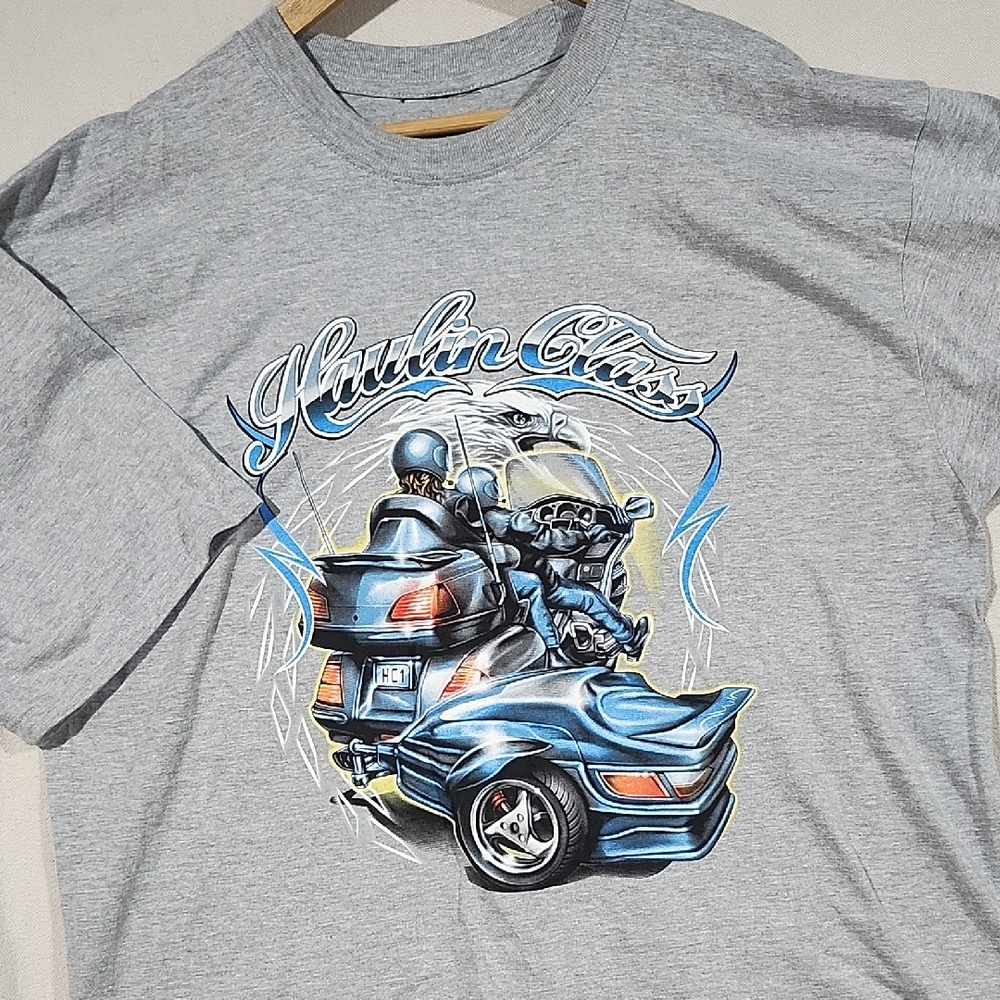 Haulin Class Men's Gray Graphic Tee Motorcycle Cruiser Design No Size Tag XL-2XL